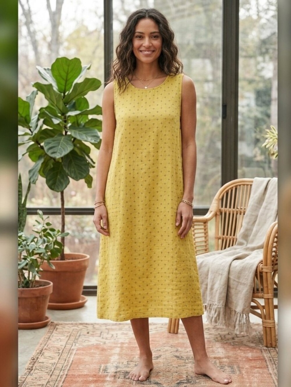 Flax Sleeveless Mustard Dot-Print Midi Dress